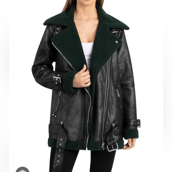 Avec Les Filles oversize faux shearling faux leather biker moto jacket - Picture 1 of 8